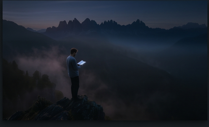 Person reading on cliff at dusk mountains