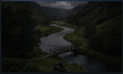 Winding river through green valley with small bridge