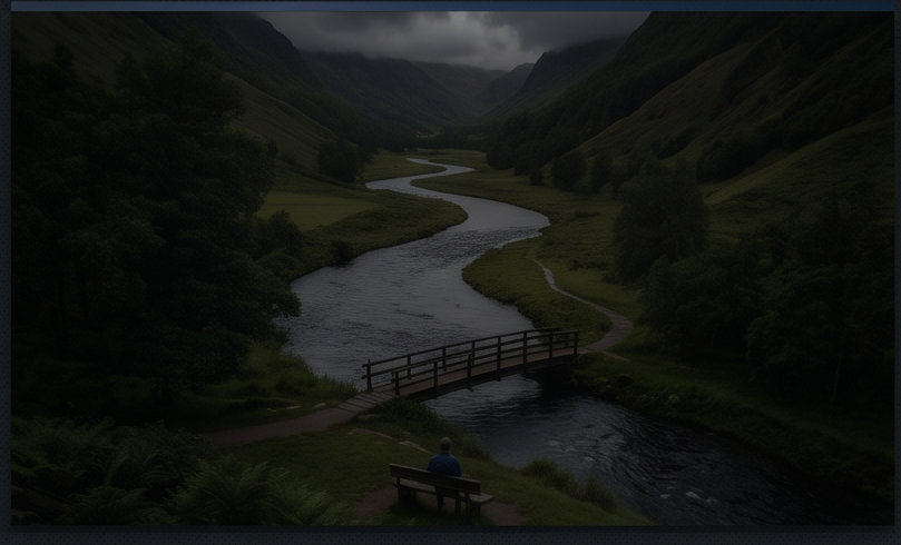 Winding river through green valley with small bridge