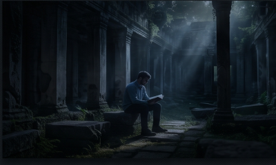 Man reading book in ancient stone ruins