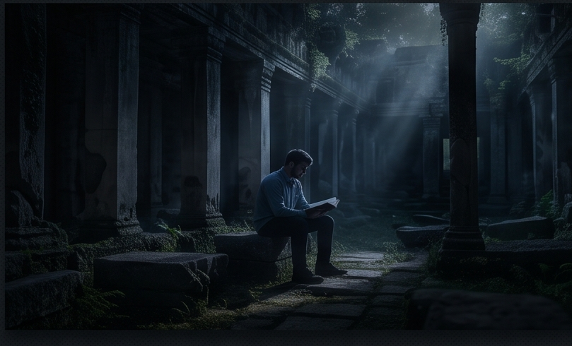 Man reading book in ancient stone ruins