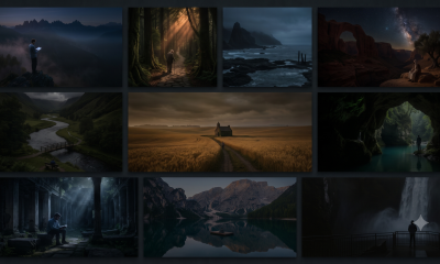 Collage of solitary figures in dramatic landscapes