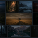Collage of solitary figures in dramatic landscapes