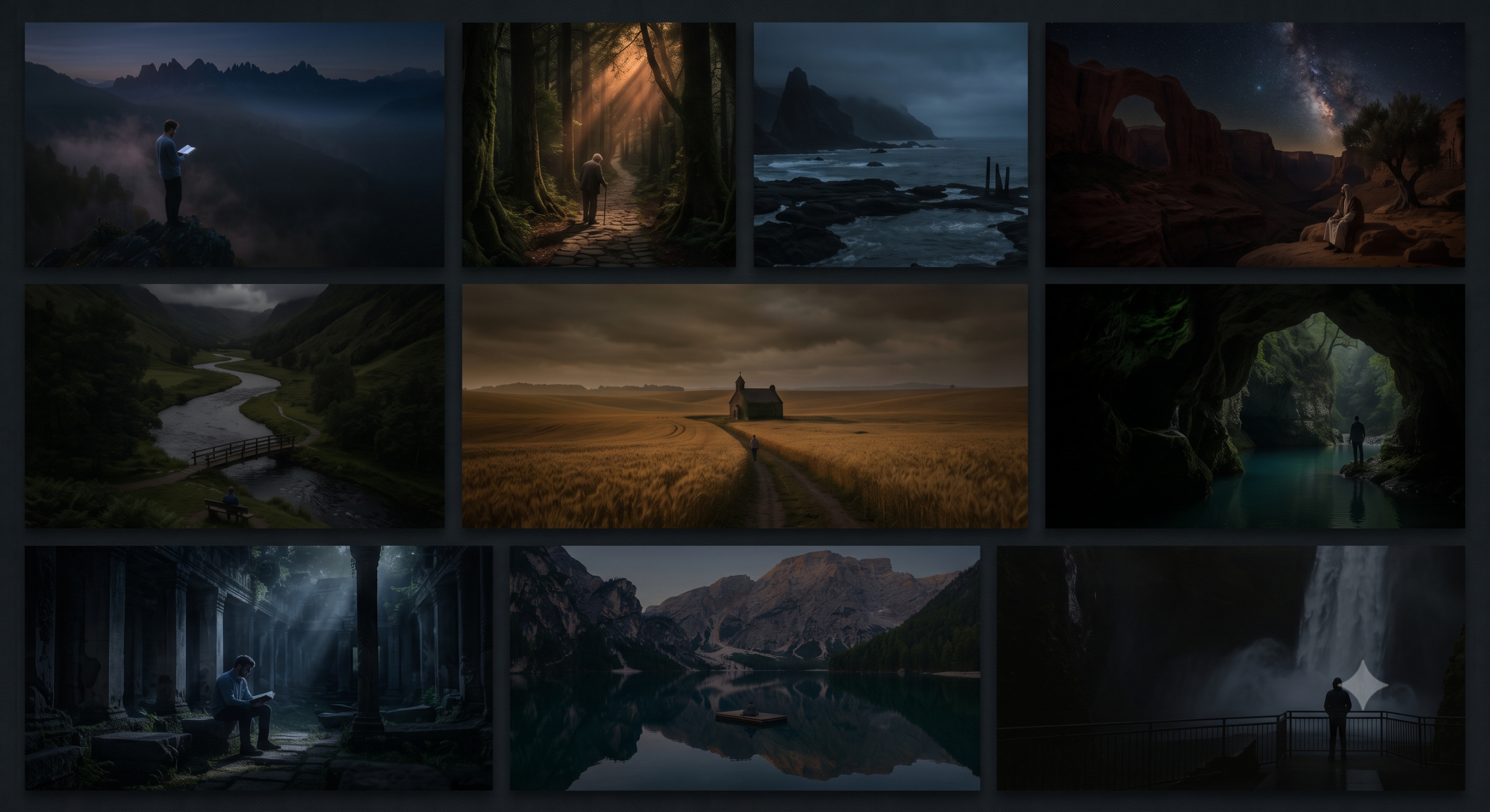 Collage of solitary figures in dramatic landscapes