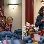 Two women speaking at a legislative assembly, one in a patterned suit and the other i — Florida Senate District 16 primary