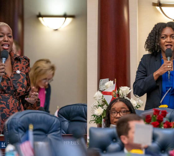Two women speaking at a legislative assembly, one in a patterned suit and the other i — Florida Senate District 16 primary