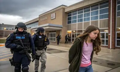 Girl escorted past armed officers outside school building