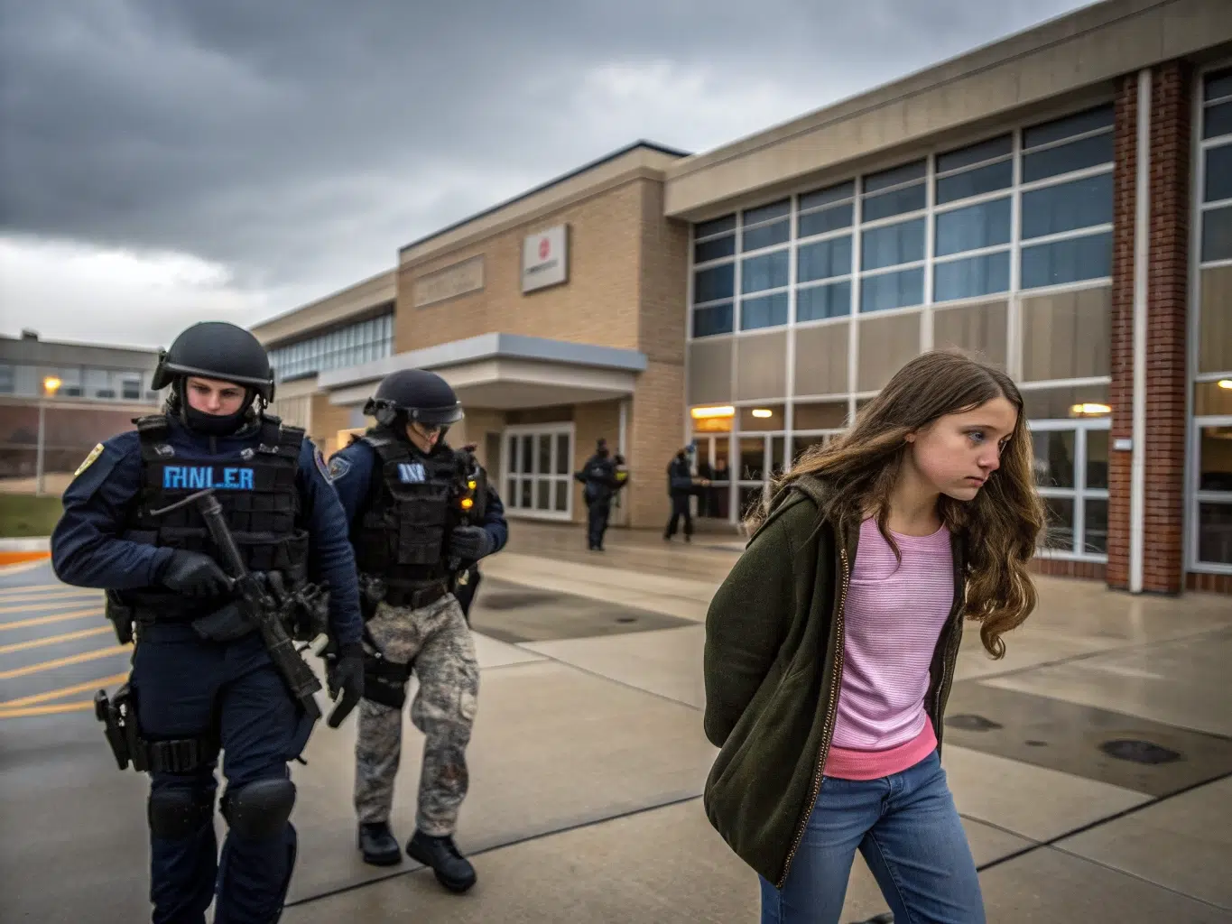 Girl escorted past armed officers outside school building