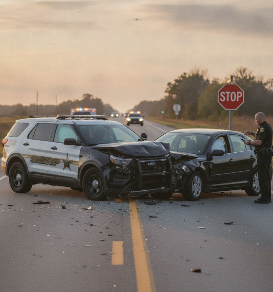 A damaged sheriff's patrol car and a black sedan after a collision at a stop sign in Byrnev — Byrneville crash ECSO deputy