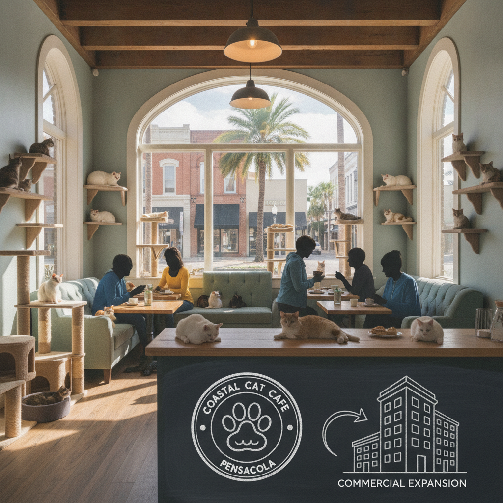 Interior of Coastal Cat Cafe with people enjoying coffee and cats lounging around.