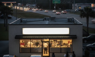 China Delight restaurant in Cantonment with customers picking up takeout at dusk along Highway — China Delight Cantonment