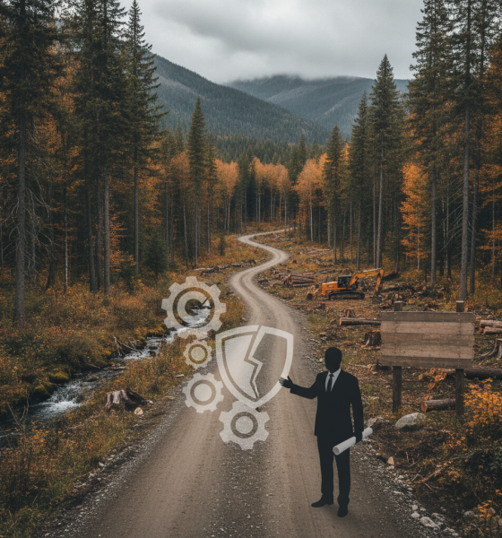 A businessman in a suit stands on a forest road, symbolizing the roadless rule rescission amidst timberland.