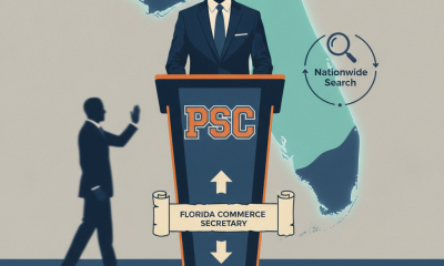 Illustration of a man at a podium labeled PSC with a map of Florida in the background, symbolizing a leadership announcement.