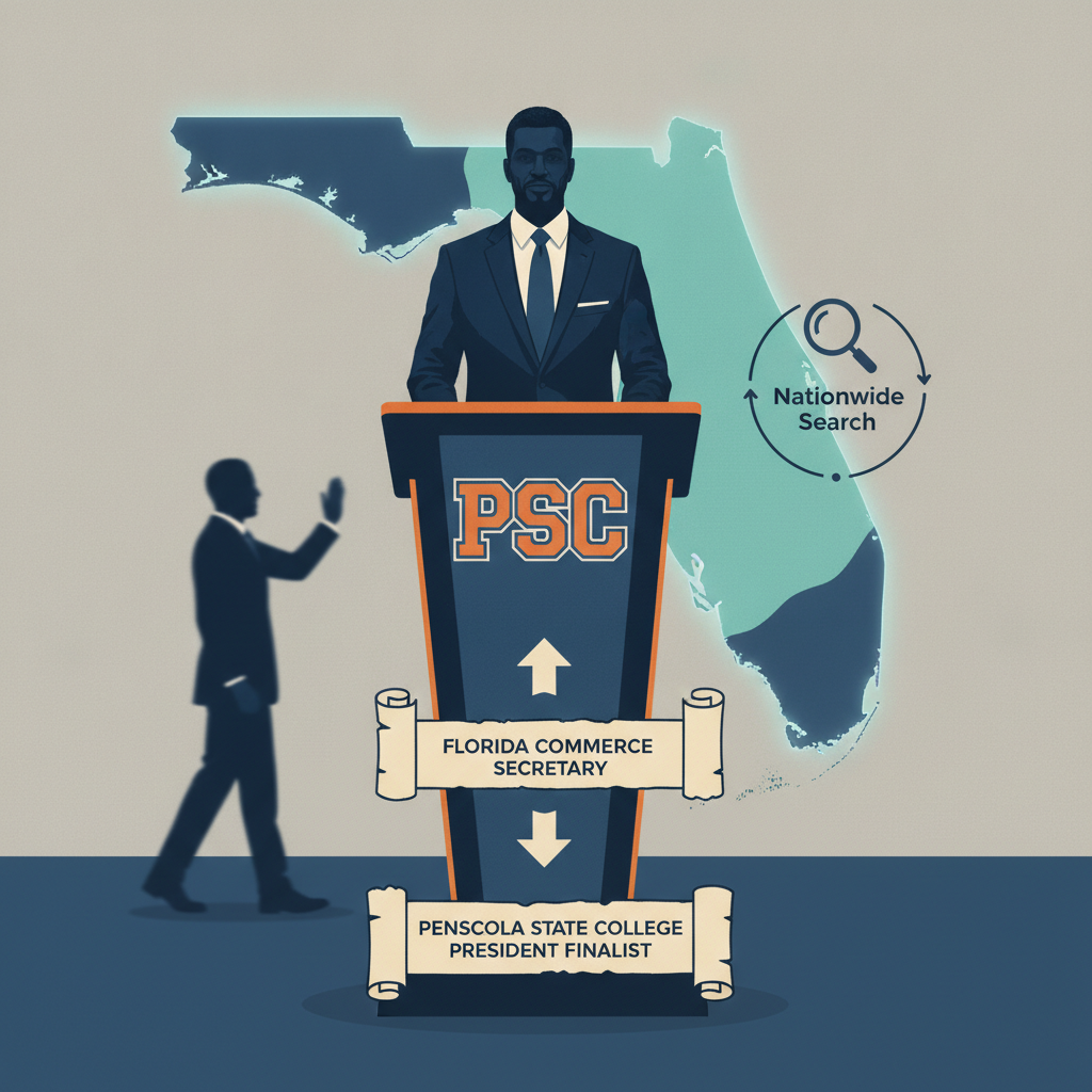 Illustration of a man at a podium labeled PSC with a map of Florida in the background, symbolizing a leadership announcement.
