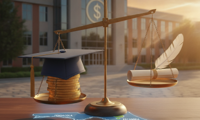 A scale balancing coins and a graduation cap against a backdrop of a college building, symbolizing affordability in educat…