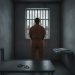 A male inmate in an orange jumpsuit stands by a barred window, lookin — Okaloosa Correctional Institution inmate sentenced