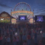 Crowd at the Pensacola Interstate Fair 2026 entrance featuring concert lineup and carnival rides.