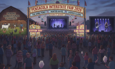 Crowd at the Pensacola Interstate Fair 2026 entrance featuring concert lineup and carnival rides.