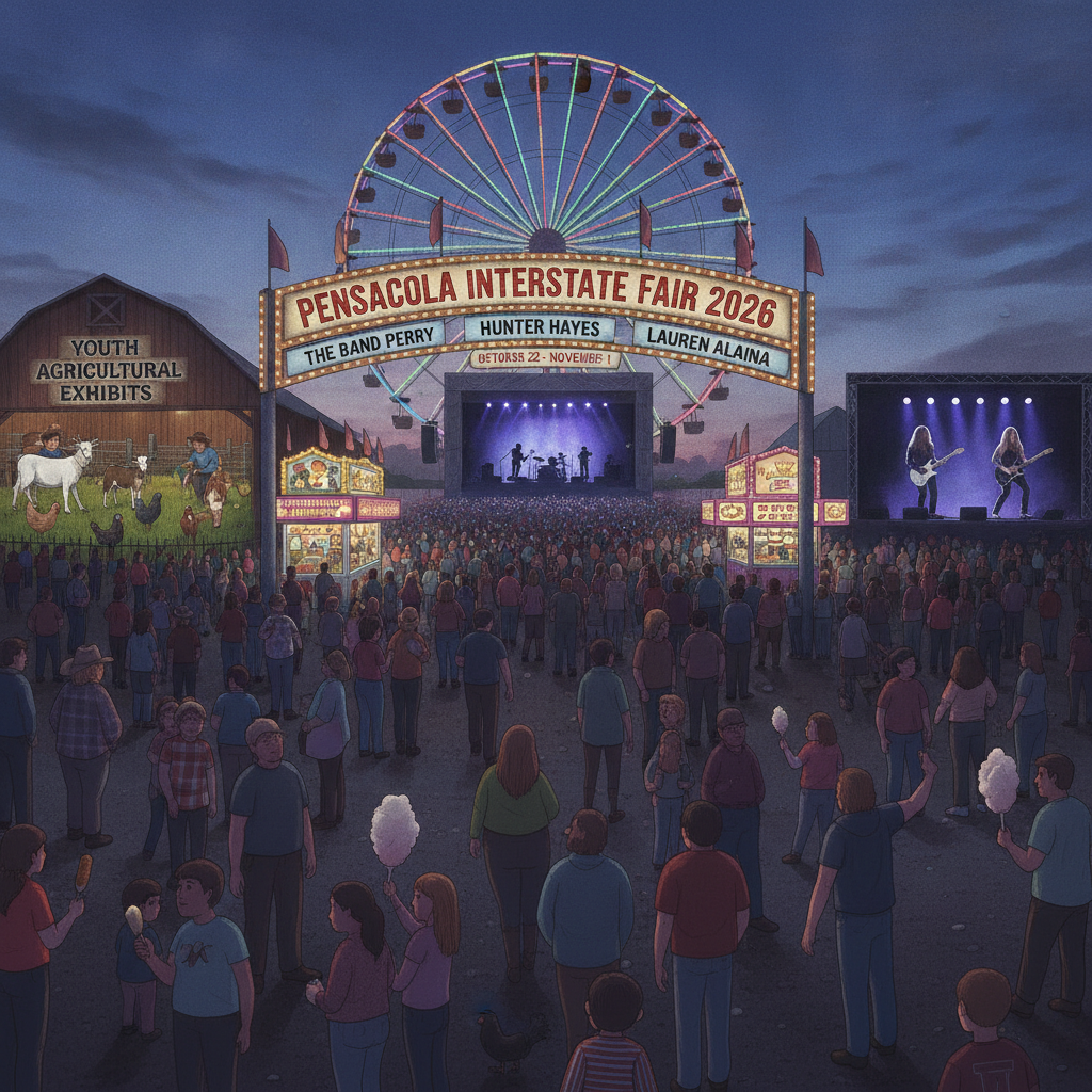 Crowd at the Pensacola Interstate Fair 2026 entrance featuring concert lineup and carnival rides.