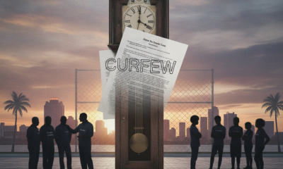 A vintage clock tower with a curfew notice in front of a group of people discussing in downtown P — Pensacola youth curfew