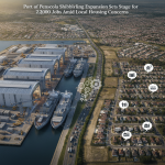 Aerial view of the Port of Pensacola showing shipbuilding facilities and nearby residential areas.