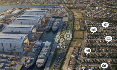 Aerial view of the Port of Pensacola showing shipbuilding facilities and nearby residential areas.