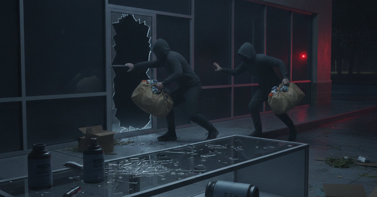 Two masked burglars flee through shattered storefront window