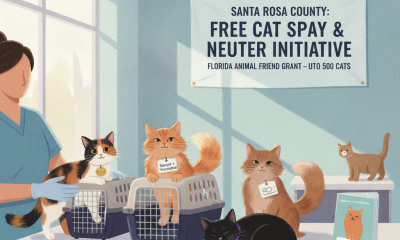 A veterinarian with cats in carriers promoting the Santa Rosa County free cat spay and neuter initiative.