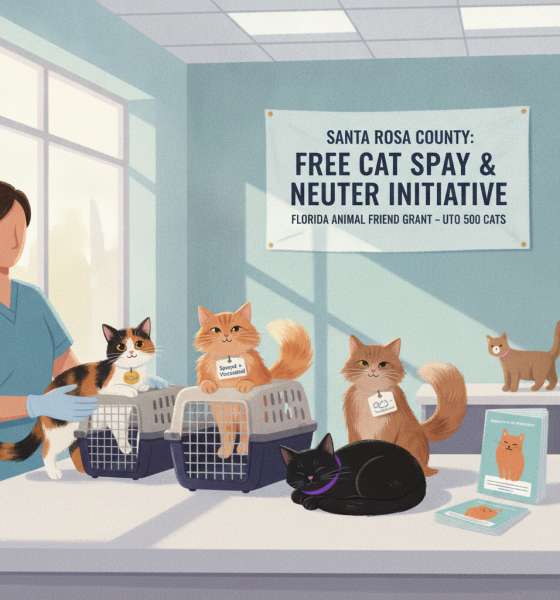 A veterinarian with cats in carriers promoting the Santa Rosa County free cat spay and neuter initiative.