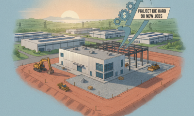 Illustration of an industrial park expansion in Milton, showcasing construction equipmen — Santa Rosa County Triumph grant