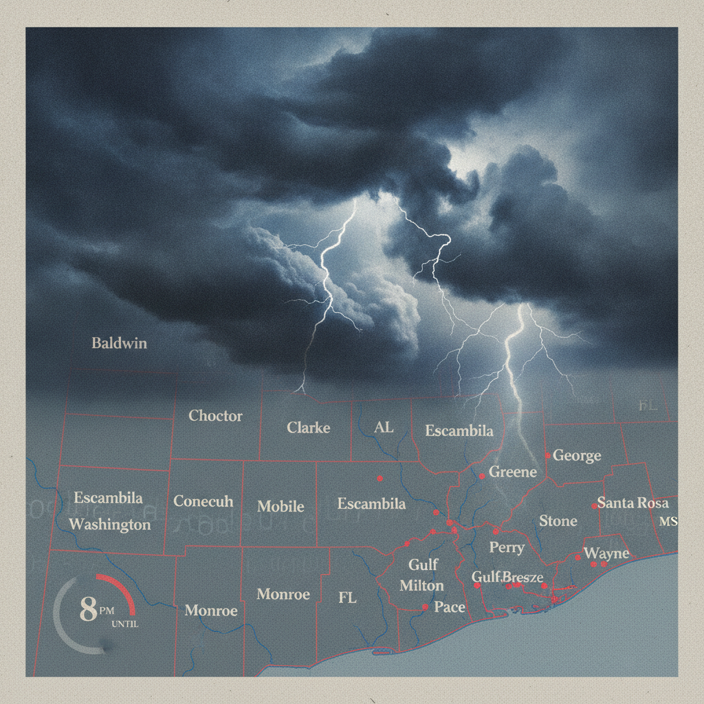 Severe Thunderstorm Watch: Baldwin, AL; Choctaw, AL; Clarke, AL; Conecuh, AL; Escambia, AL; Mobile, AL; Monroe, AL; Washington, AL; Escambia, FL; Santa Rosa, FL; George, MS; Greene, MS; Perry, MS; Stone, MS; Wayne, MS