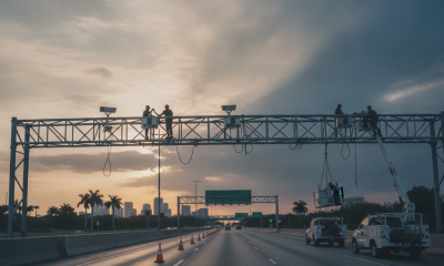 Workers dismantling FDOT license plate readers from an overpass on a Florida highway at sunset.