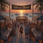 A festive beach scene at sunset with people dining, decorated tables, and Halloween pumpkins.