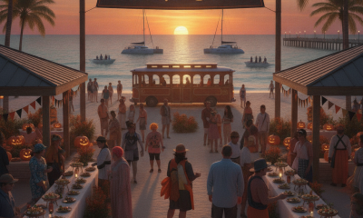 A festive beach scene at sunset with people dining, decorated tables, and Halloween pumpkins.