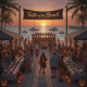A festive beach scene at sunset with people dining, decorated tables, and Halloween pumpkins.