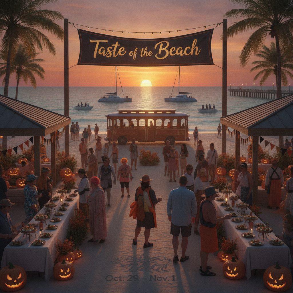 A festive beach scene at sunset with people dining, decorated tables, and Halloween pumpkins.
