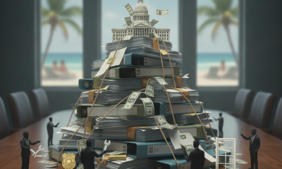A stylized pile of money and documents representing the Florida state budget, with a government building in the background.