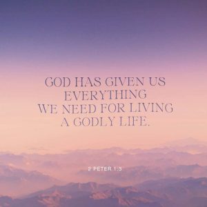Inspirational text overlay on a serene mountain landscape, emphasizing divine provision for a godly — 2 Peter 1:3 meaning