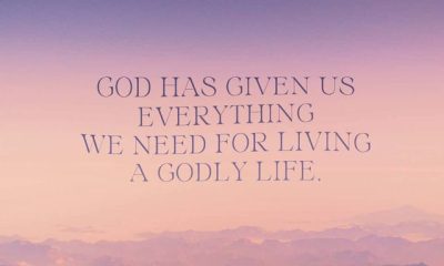Inspirational text overlay on a serene mountain landscape, emphasizing divine provision for a godly — 2 Peter 1:3 meaning