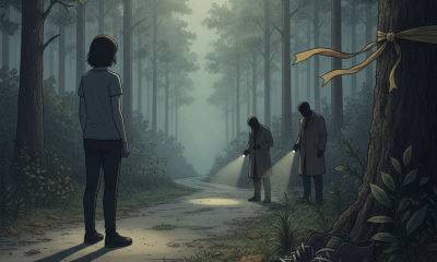 A young person stands on a forest path while two investigators search with flashlights, symb — Danielle Bell Cantonment FL