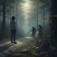 A young person stands on a forest path while two investigators search with flashlights, symb — Danielle Bell Cantonment FL