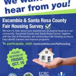 A colorful flyer promoting the Escambia and Santa Rosa County Fair Housing Survey, featuring a house graphic and contact i…