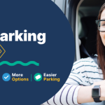 A smiling woman holding a coffee cup in a car, promoting new downtown Pensacola parking options starting October 5.