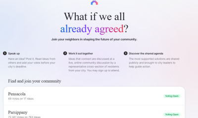 Screenshot of the Pensacola Civic Dialogue Program website, showcasing community ideas and voting options.