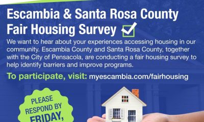 A colorful flyer promoting the Escambia and Santa Rosa County Fair Housing Survey, featuring a house graphic and contact i…