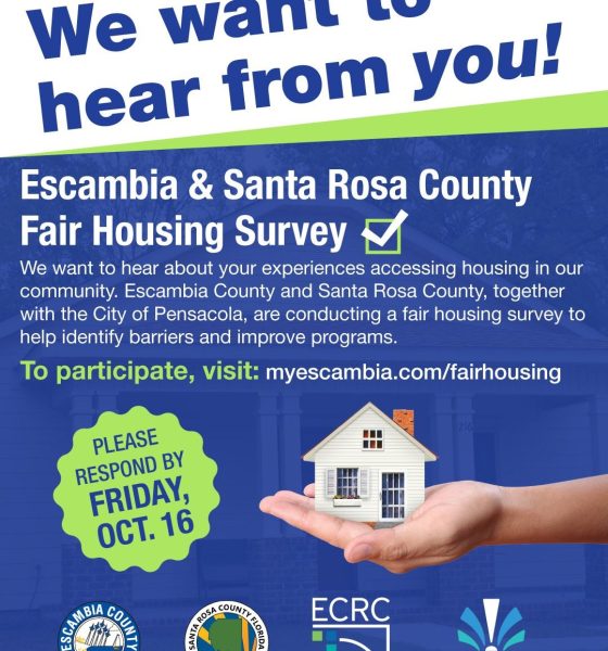 A colorful flyer promoting the Escambia and Santa Rosa County Fair Housing Survey, featuring a house graphic and contact i…