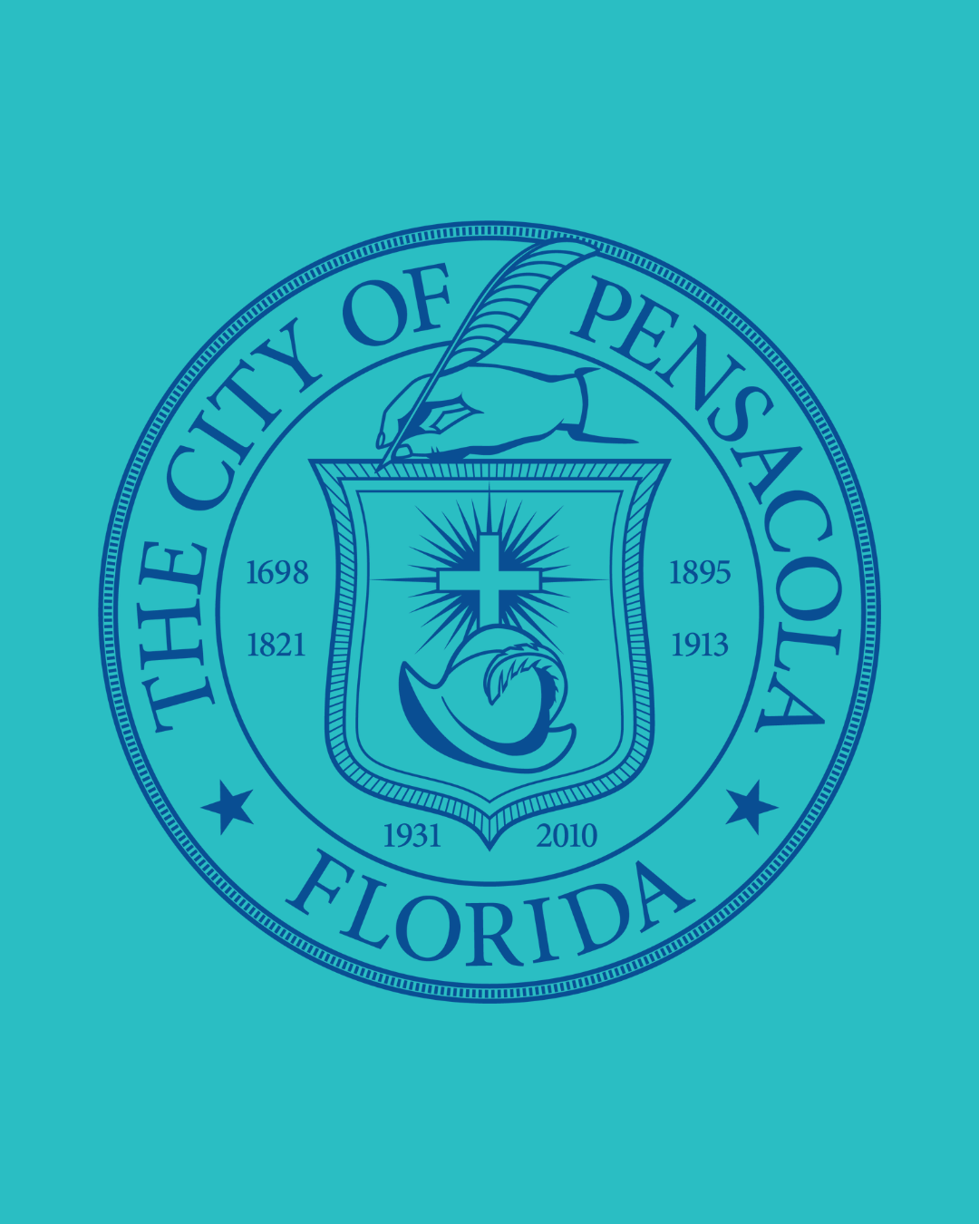 Seal of the City of Pensacola featuring a hand holding a quill and various symbols. — selection committee meetings