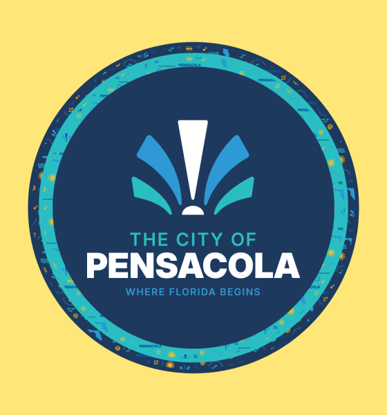 Logo of the City of Pensacola featuring a blue and teal design on a yellow background. — Pensacola weekly meeting schedule