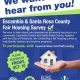 A colorful flyer promoting the Escambia and Santa Rosa County Fair Housing Survey, featuring a house graphic and contact i…