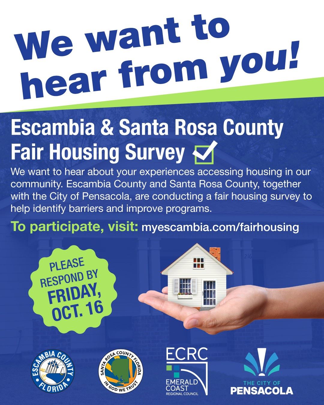 A colorful flyer promoting the Escambia and Santa Rosa County Fair Housing Survey, featuring a house graphic and contact i…